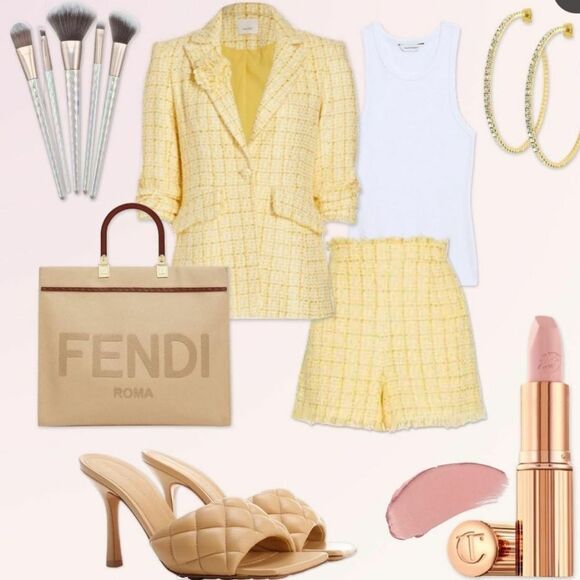 Cinq a Sept Coronado High Waist Woven Checkered Tweed Shorts Yellow White Size 2 - Picture 3 of 11